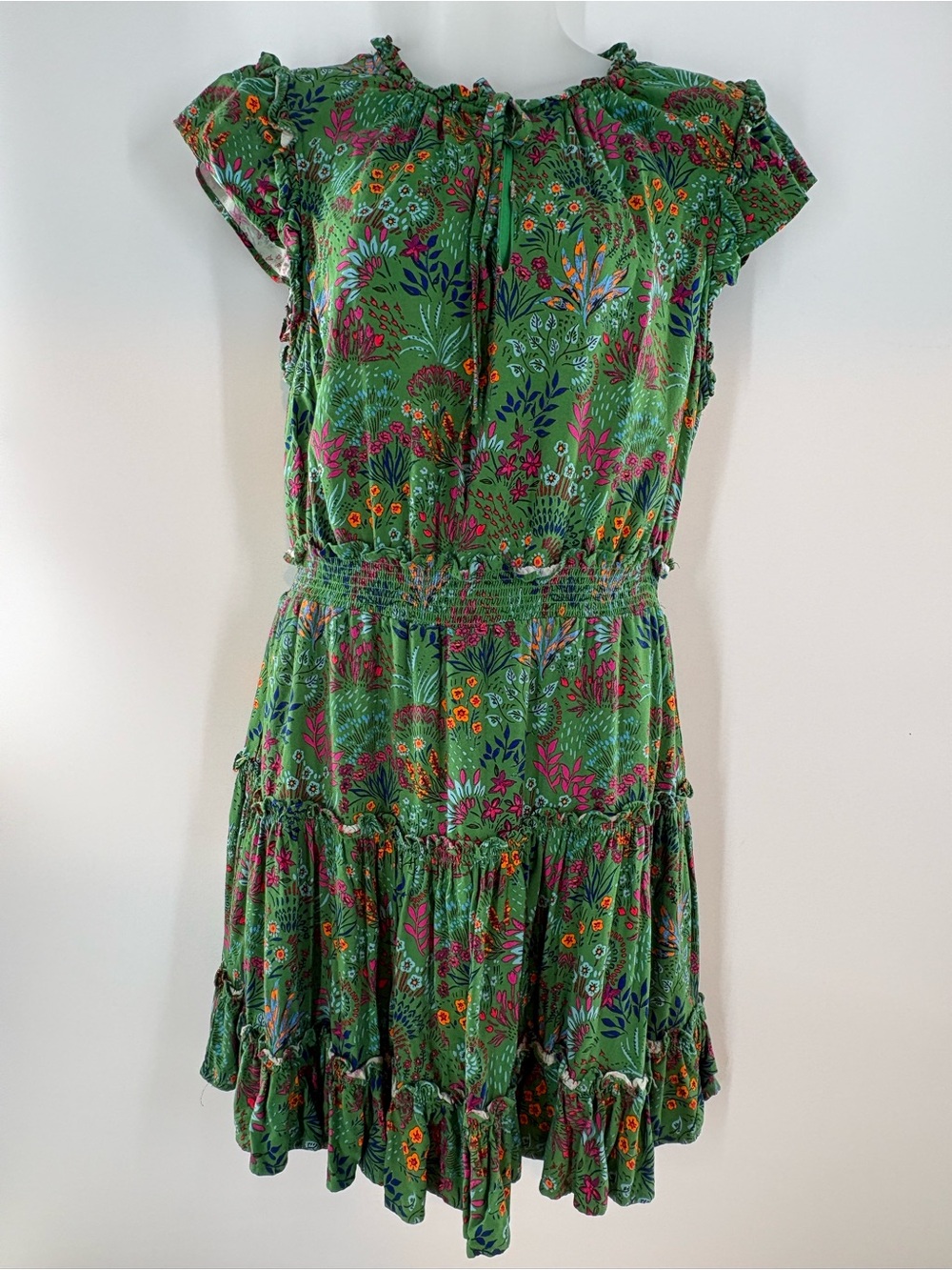 Sugarlips Ruya Floral Split Neck Toledo Tiered Mini Dress Green Size Large